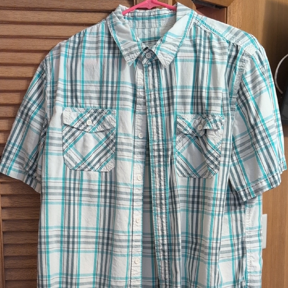 Men's Casual Teal and White Plaid Button-Down Shirt